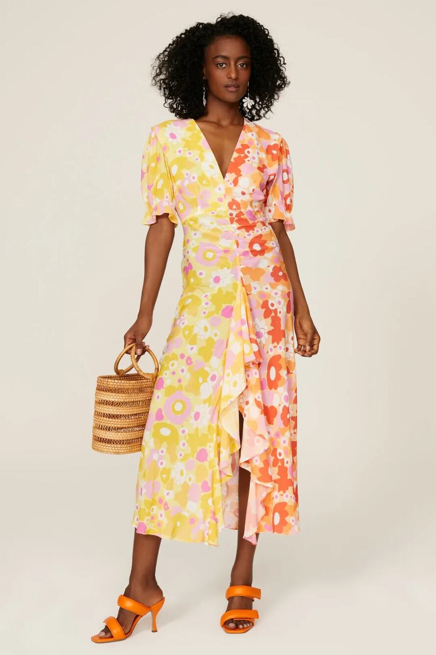 Rixo Womens Dress Ariel Floral-Print Midi Short Sleeve V-Neck Multicolour Size M